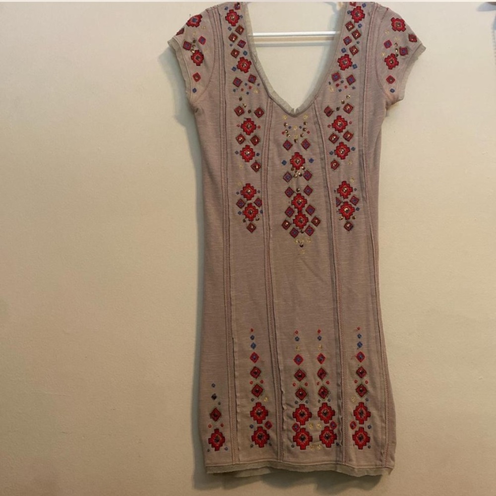 Free People Embroidered Mini Dress - Red and Blue on Beige
